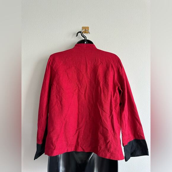 Peacock Ways Lagenlook Red Ramie Band Jacket M – Crescent Toggles, Black Cuffs - Picture 2 of 8